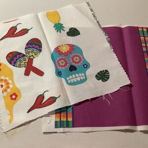 2 Mexicana Design Cotton Fabric Squares, Skull & Magenta